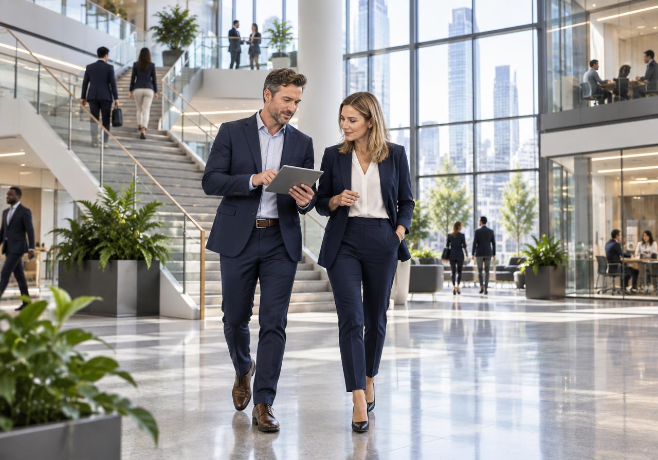 Two enterprise colleagues walking through a spacious headquarters atrium