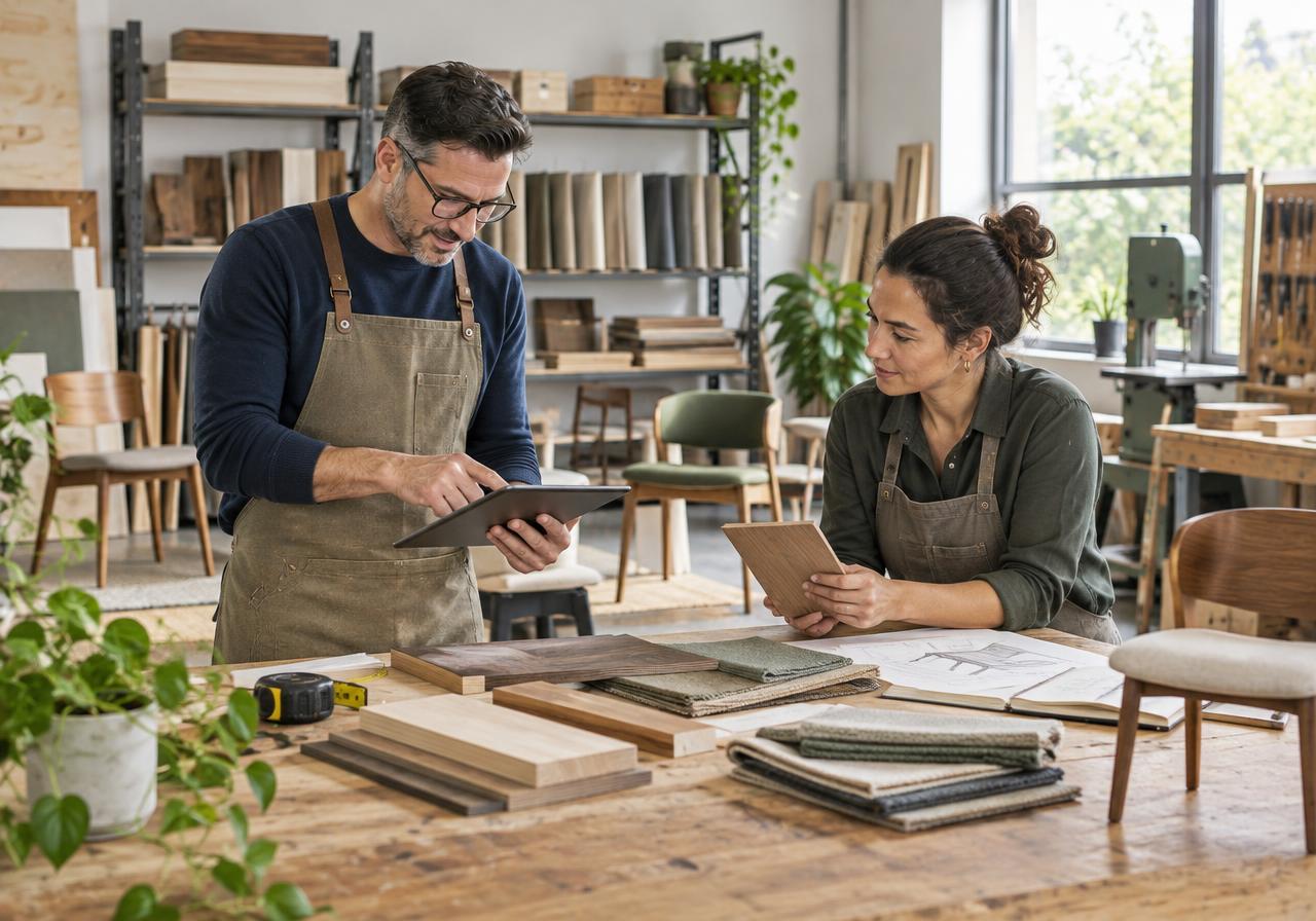 Small business owners reviewing materials and a tablet in their furniture workshop