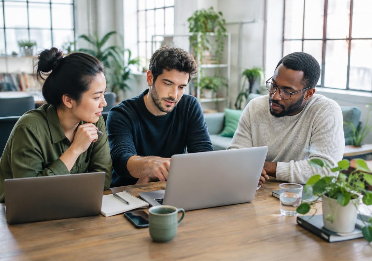 Three startup founders collaborating in a bright studio